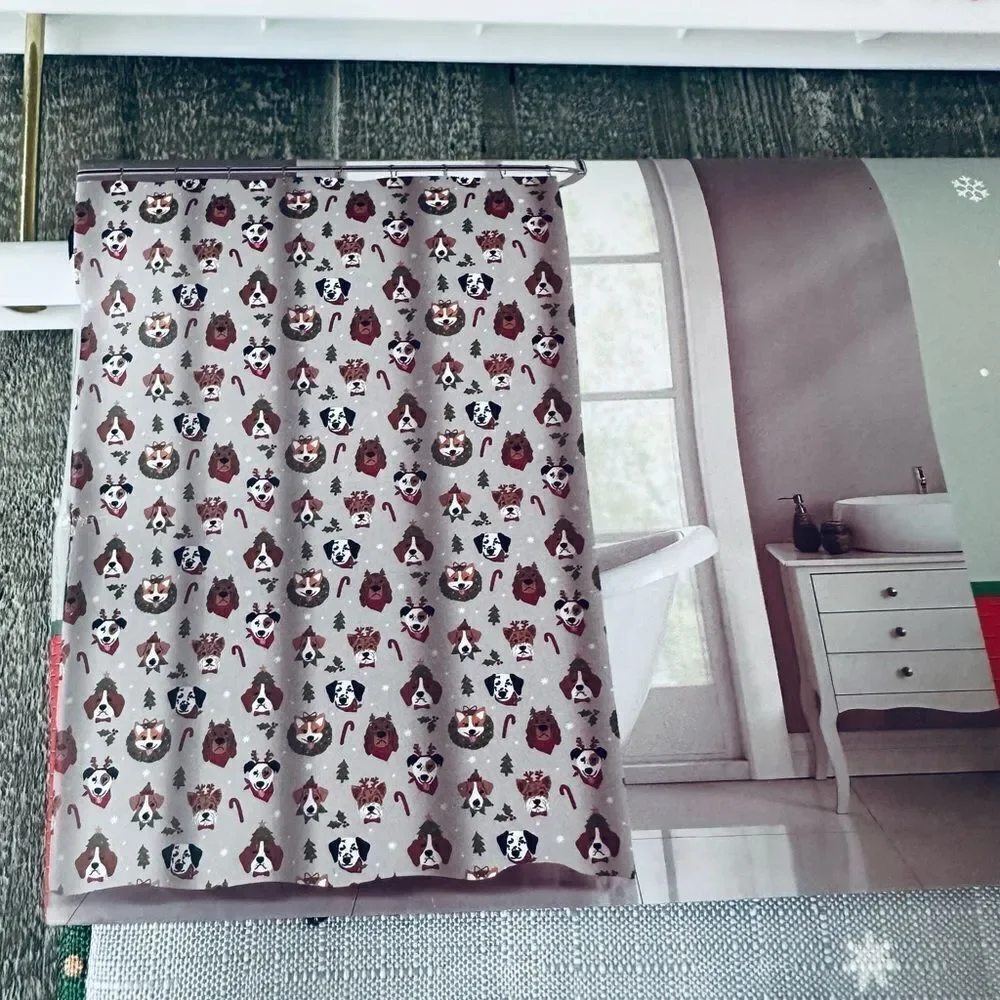 Christmas Dogs Holly Print Holiday Textured Fabric Shower Curtain